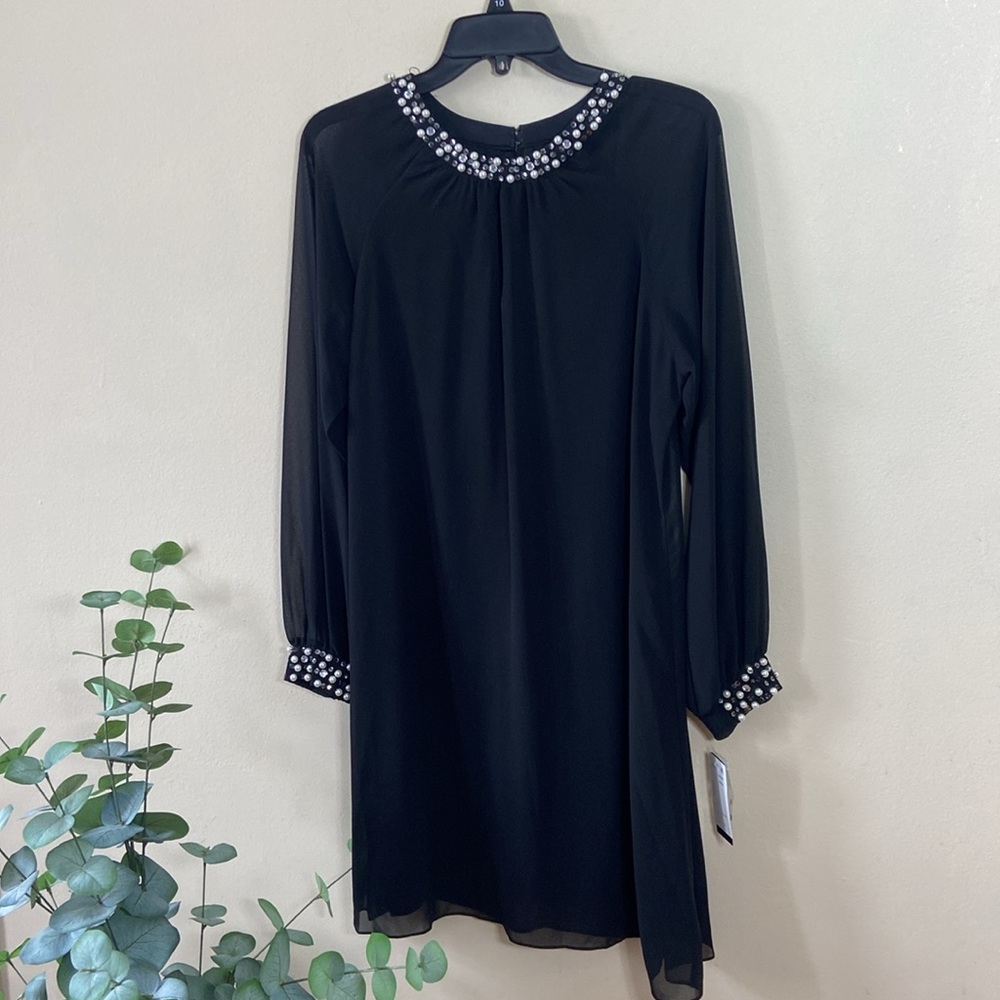 New Women's Black Party Dress Long Sleeve Sheer Beaded Pearls 10 SLNY Sequined